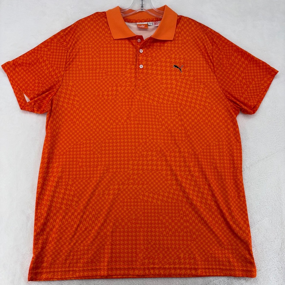 Puma Mens XXL Orange Houndstooth dryCELL Golf Polo Shirt Short Sleeve Sport XXL